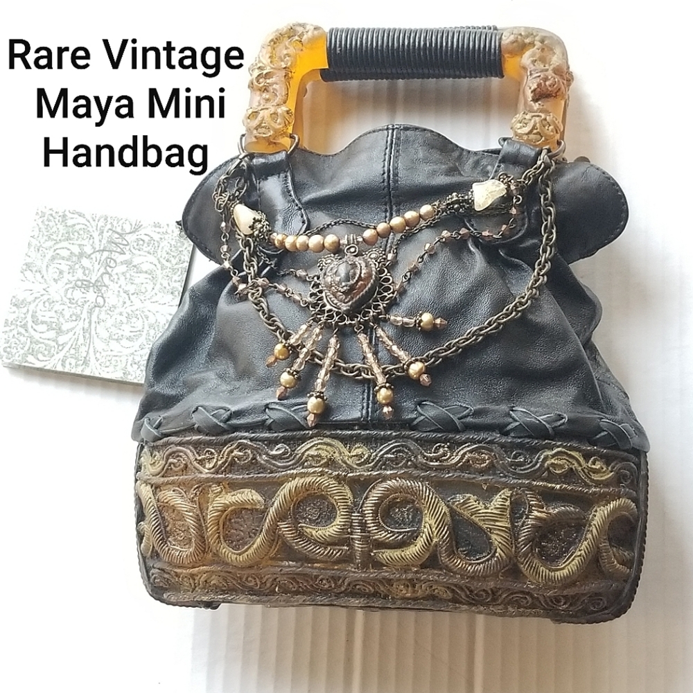 Rare STUNNING Vtg Maya Evangelista Brown Art Deco Resin and Leather Beaded Purse